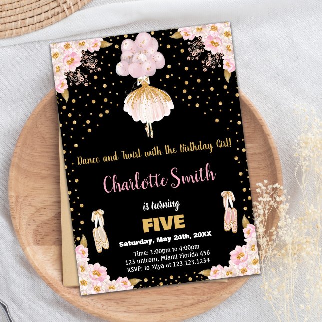 Parties scintillant rose noir Ballerina Invitation (Pink Black Glitter Ballerina Birthday Invitations)