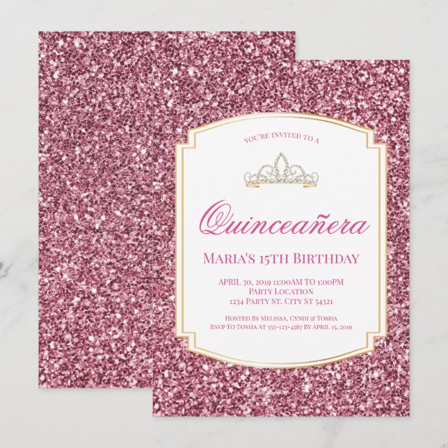 Parties scintillant rose Quinceañera Invitations (Devant / Derrière)