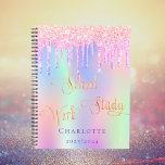 Parties scintillant rose violet gouttes école holo<br><div class="desc">Un arrière - plan holographique branché aux couleurs pastel unicorne et arc-en-ciel rose,  violet,  vert menthe. Décoré avec des gouttes de parties scintillant en faux rose et violet. Personnalisez et ajoutez un nom. Texte d'or : École,  travail,  étude</div>