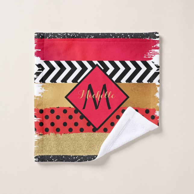 Parties scintillant rouge Noir Brush Stroke Monogr (Gant de toilette)