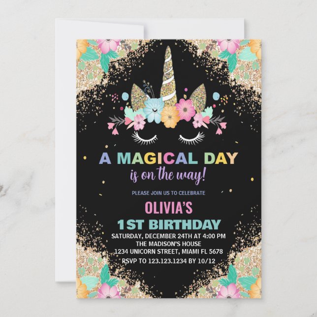Parties scintillant Unicorn Invitations d'annivers (Devant)