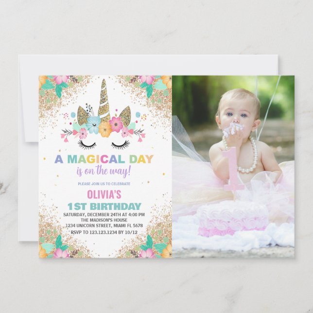 Parties scintillant Unicorn Invitations d'annivers (Devant)