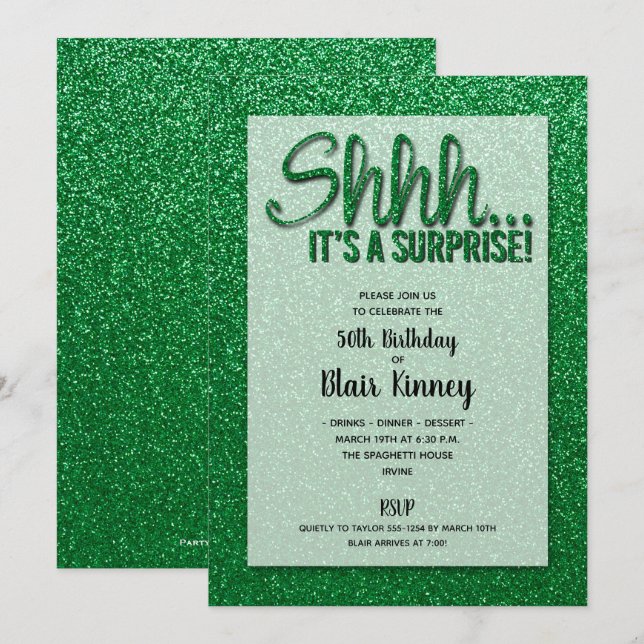 Parties scintillant verte SURPRISE Invitations d'a (Devant / Derrière)