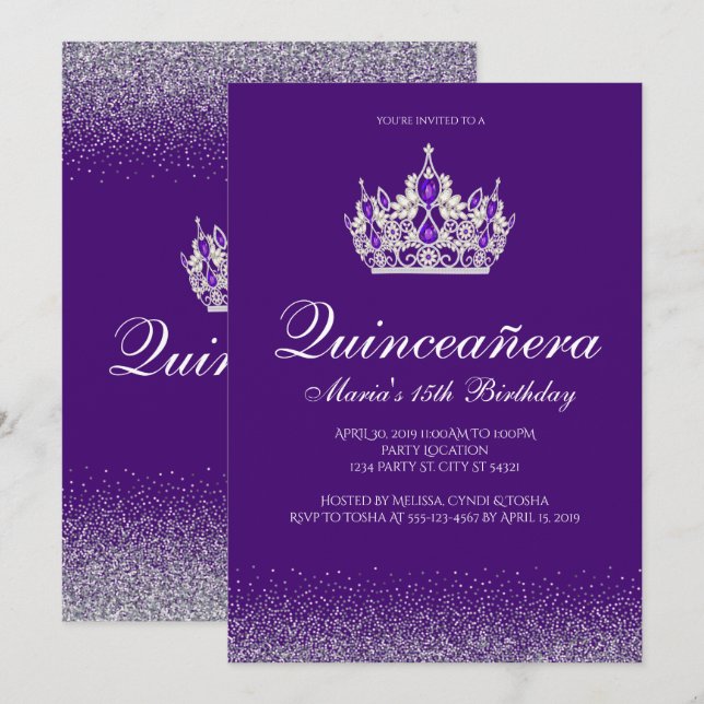 Parties scintillant violet Quinceanera Invitations (Devant / Derrière)