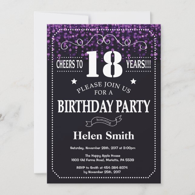 Parties scintillant violette Invitation du 18e ann (Devant)