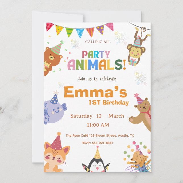 Party Animals First Birthday Invitation  (Devant)