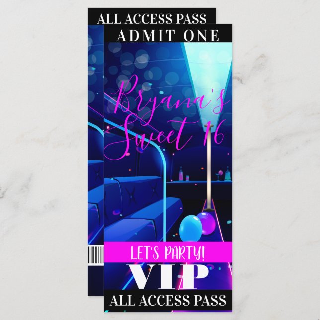 Party Bus Sweet 16 All Access Pass VIP Ticket (Devant / Derrière)