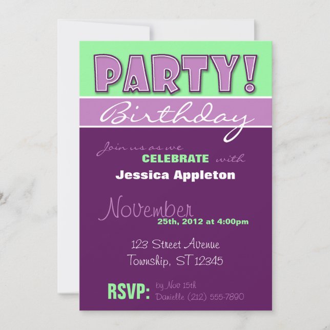 PARTY! Invitations d'anniversaire violet et vert (Devant)