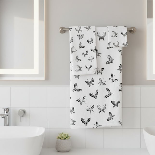 Parure de serviettes de salle de bain Papillons Tr (Set of 3 black and white butterfly themed bathroom towels.)