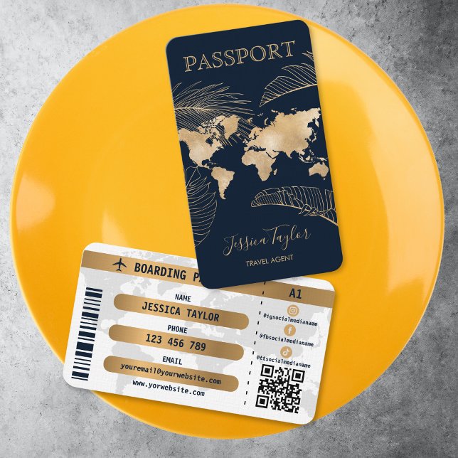 Passeport Agence de Voyage Carte Mondiale Passe D' (passport like business cardm gold world map on navy background and gold tropical leaves)