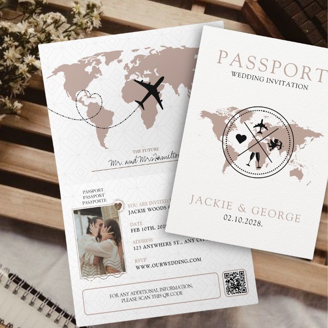 Passeport Destination unique Mariage Invitation (Unique Passport Wedding Invitation for Destination Wedding Beige Aesthetic Muted Colors Elegant Cute)