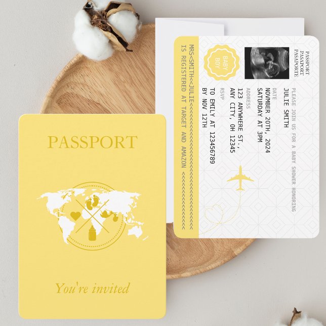 Passeport Jaune Garçon Baby Shower Carte du Monde  (Créateur téléchargé)
