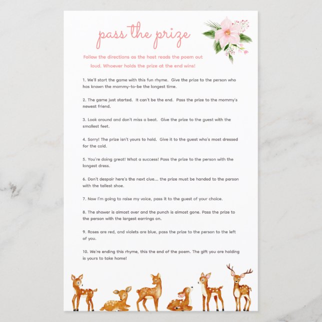 Passer le prix Baby shower jeu rose cerf floral (Devant)