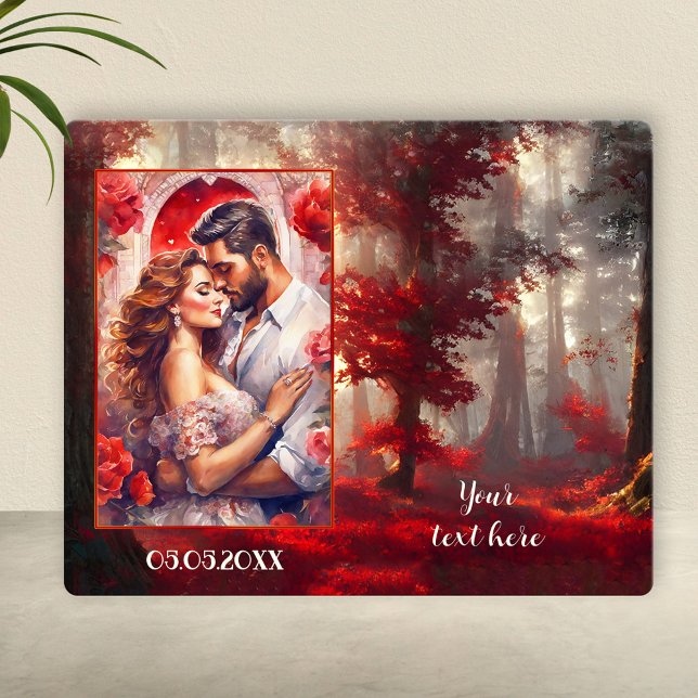 Passion Forêt Romantique Votre Plaque Photo (Photo plaque featuring a romantic forest scene in glowing reds with your custom photo)