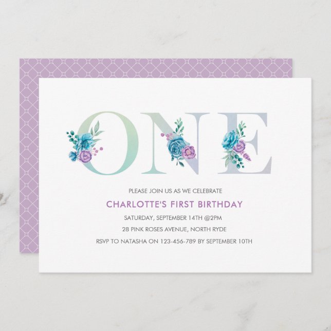 Pastel Aqua Purple premier anniversaire Invitation (Devant / Derrière)