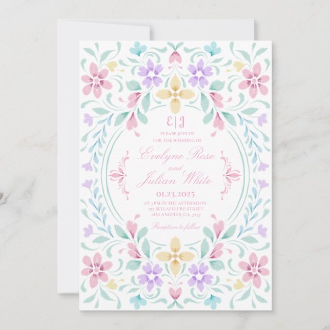 Pastel Aquarelle Faire-part de mariage Floral (Devant)