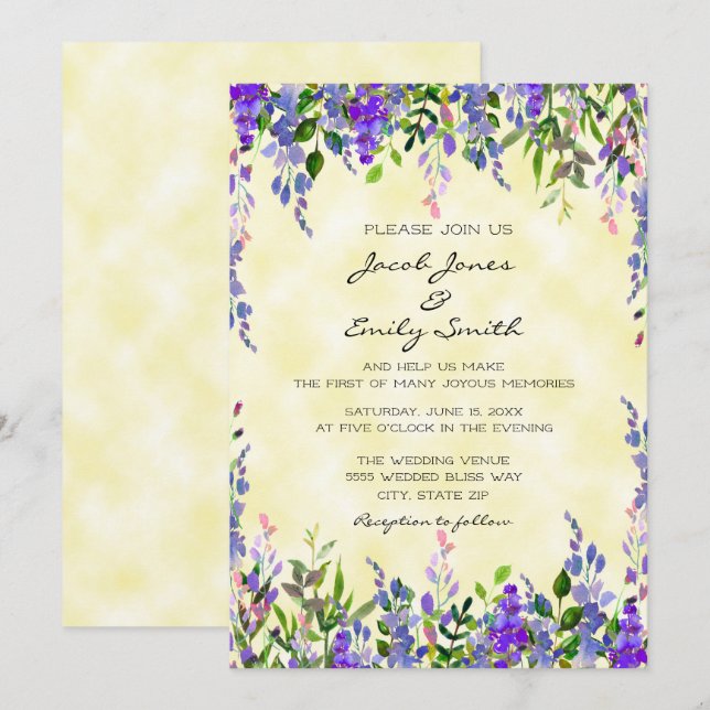 Pastel Aquarelle Lavande Mariage jaune Invitation (Devant / Derrière)