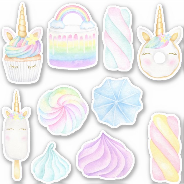 Pastel arc-en-ciel aquarelle licorne doux sticker (Devant)