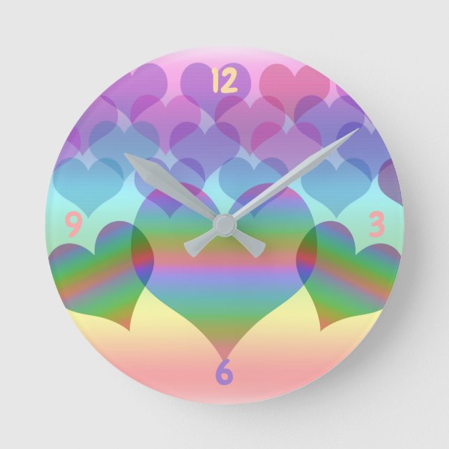 Pastel Arc en Ciel des Coeurs Horloge Ronde (Recto)