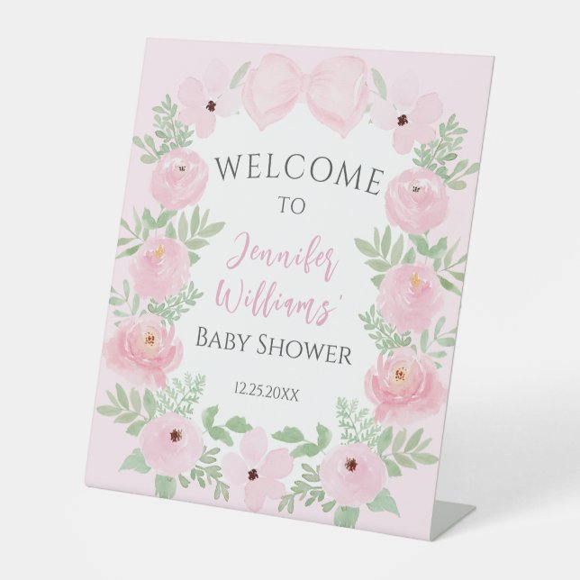 Pastel arc rose baby shower fleuri signe d'accueil (Recto)