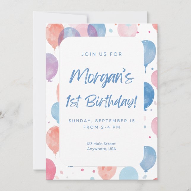 Pastel Balloon First Birthday Invitation (Devant)