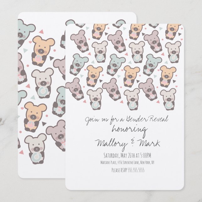 Pastel Bears Genre Reveillez Invitation (Devant / Derrière)