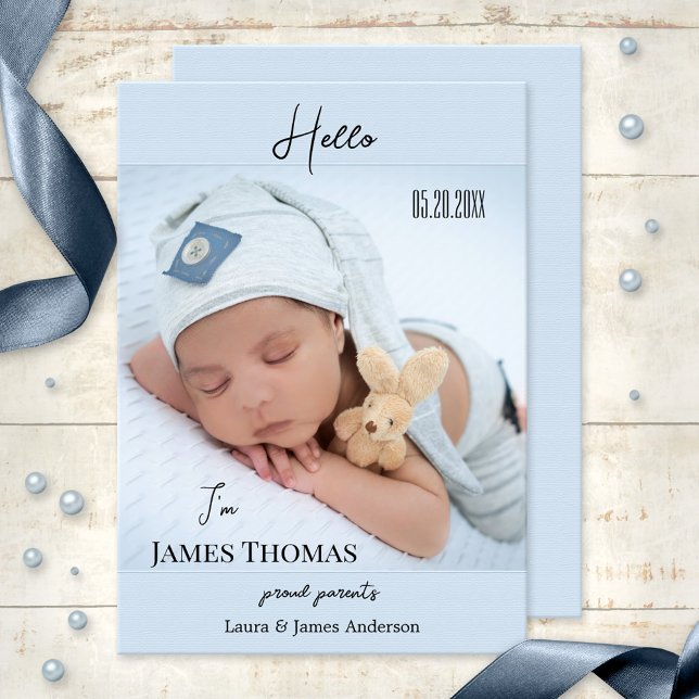 Pastel Blue Baby Boy Photo Faire-part de naissance (Simple elegant baby boy birth announcement card featuring a photo of your baby on pastel blue)