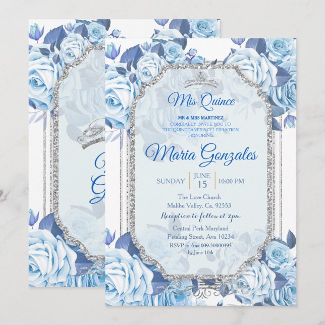 Pastel Blue Floral Roses Mis Quince Invitation (Devant / Derrière)