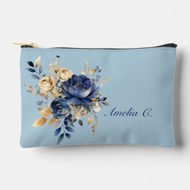 Pastel Blue & Gold Aquarelle Florale Sac cosmétiqu (Recto)