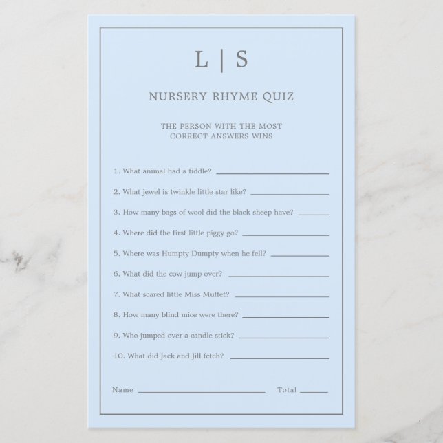 Pastel Blue Nursery Rhyme Quiz Baby shower Jeu (Devant)
