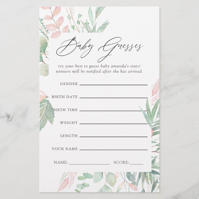 Pastel Blush Greenery Baby shower Guesser Jeu (Devant)