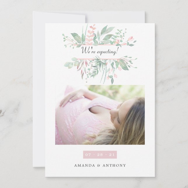 Pastel Blush Greenery Photo Faire-part de grossess (Devant)