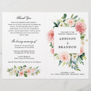 Pastel Blush Pretty Rose Botanical Wedding Program