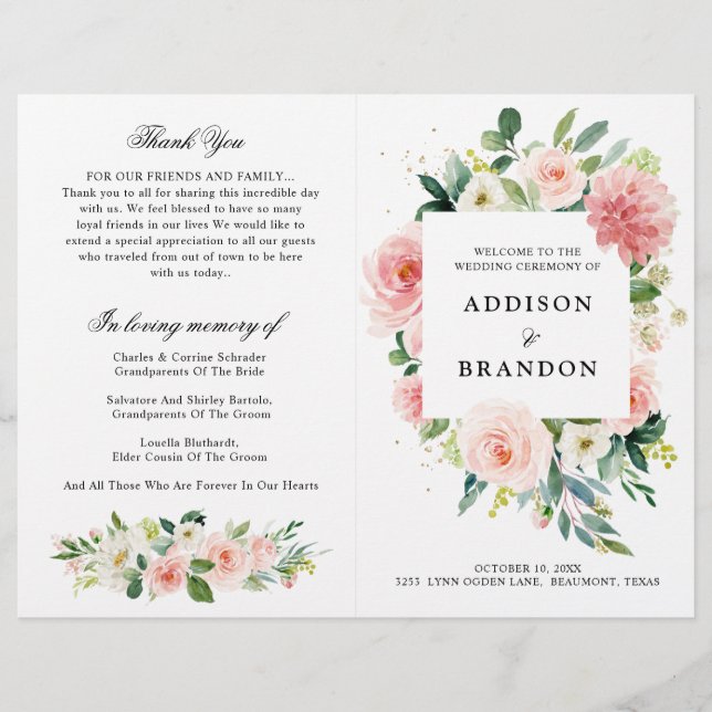 Pastel Blush Pretty Rose Botanical Wedding Program (Devant)
