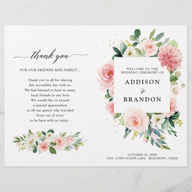 Pastel Blush Pretty Rose Botanical Wedding Program (Devant)