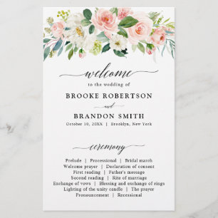 Pastel Blush Pretty Rose Botanical Wedding Program