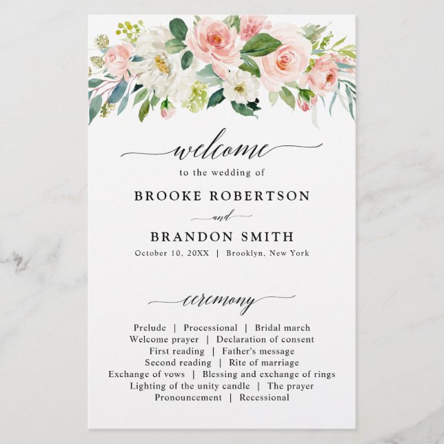 Pastel Blush Pretty Rose Botanical Wedding Program (Devant)