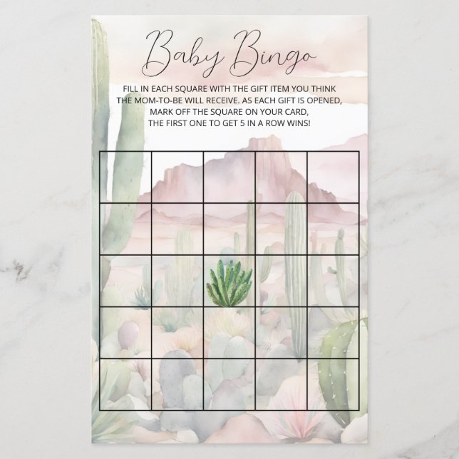 Pastel Boho Desert Cactus Baby shower Bingo Jeu (Devant)