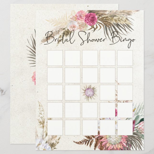 Pastel Boho Neutral Fête des mariées Florale Bingo (Devant / Derrière)