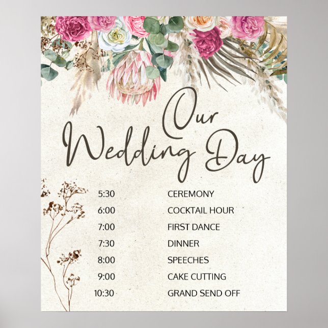Pastel Boho Neutral Floral Mariage Horaire Poster (Devant)