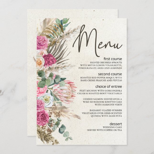 Pastel Boho Neutral Floral Menu Mariage (Devant / Derrière)