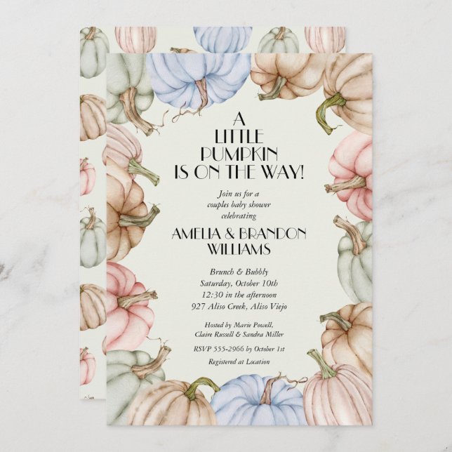 Pastel Citrouilles Green Baby Shower Invitations (Devant / Derrière)