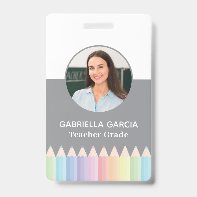 Pastel Color Rainbow Teacher Photo ID badge (Front)
