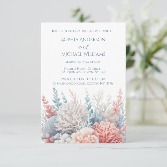 Pastel Coral-Beach thème de mariage Invitation (Debout devant)