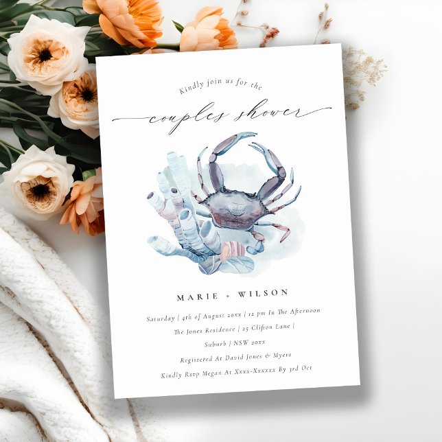 Pastel Crab Coral Nautique Couples Invitation douc (Créateur téléchargé)