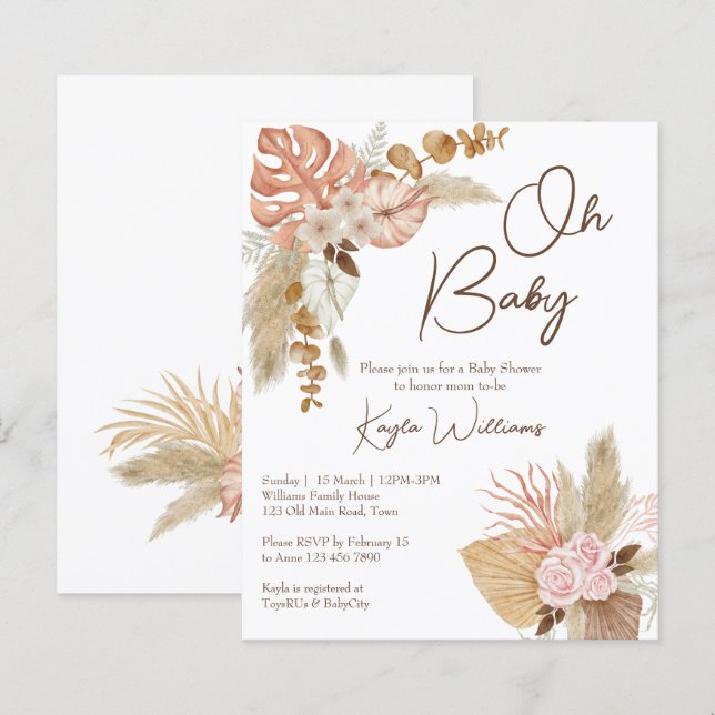 Pastel crème fleurs séchées boho invitation budget (Devant / Derrière)