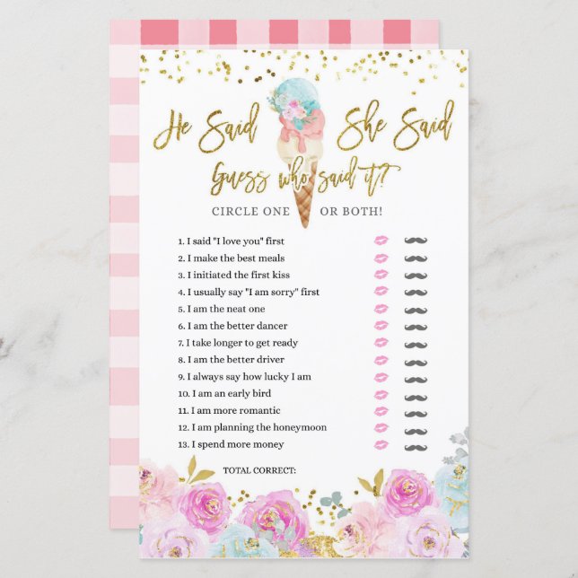 Pastel Crème glacée Floral Il a dit Elle a dit Gam (Devant / Derrière)