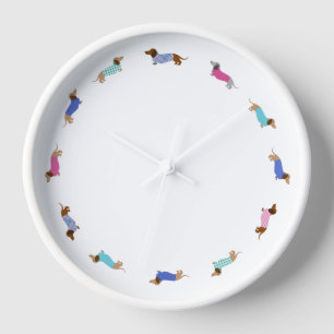 Pastel Dachshunds Mur Horloge Blanc Cadre