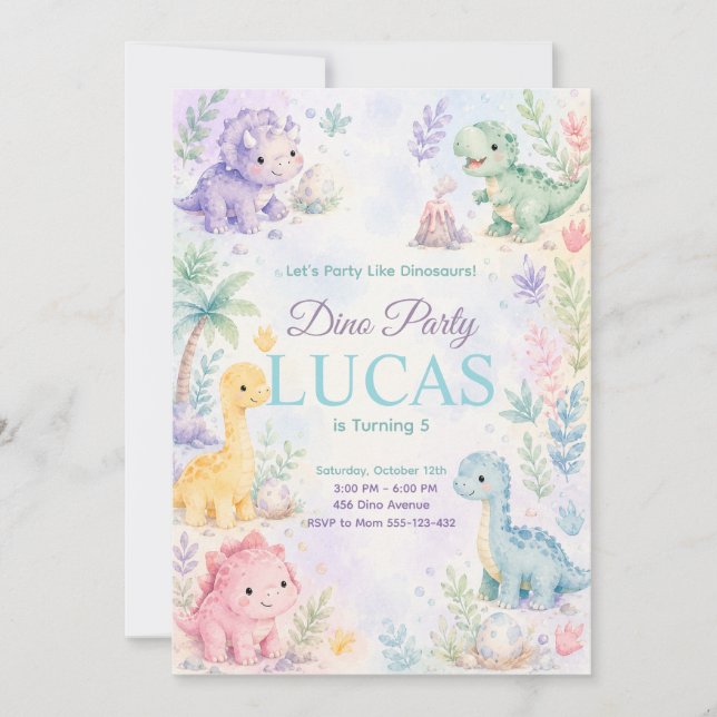 Pastel Dinosaur Birthday Invitation Editable (Devant)