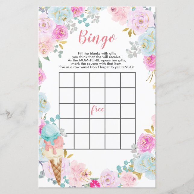 Pastel Fleurs crème glacée baby shower Bingo Jeu (Devant)